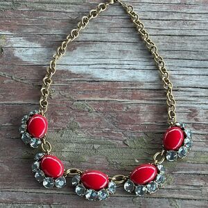 Stella & Dot Statement Necklace Red Cabochon Gold Chain Rhinestone​